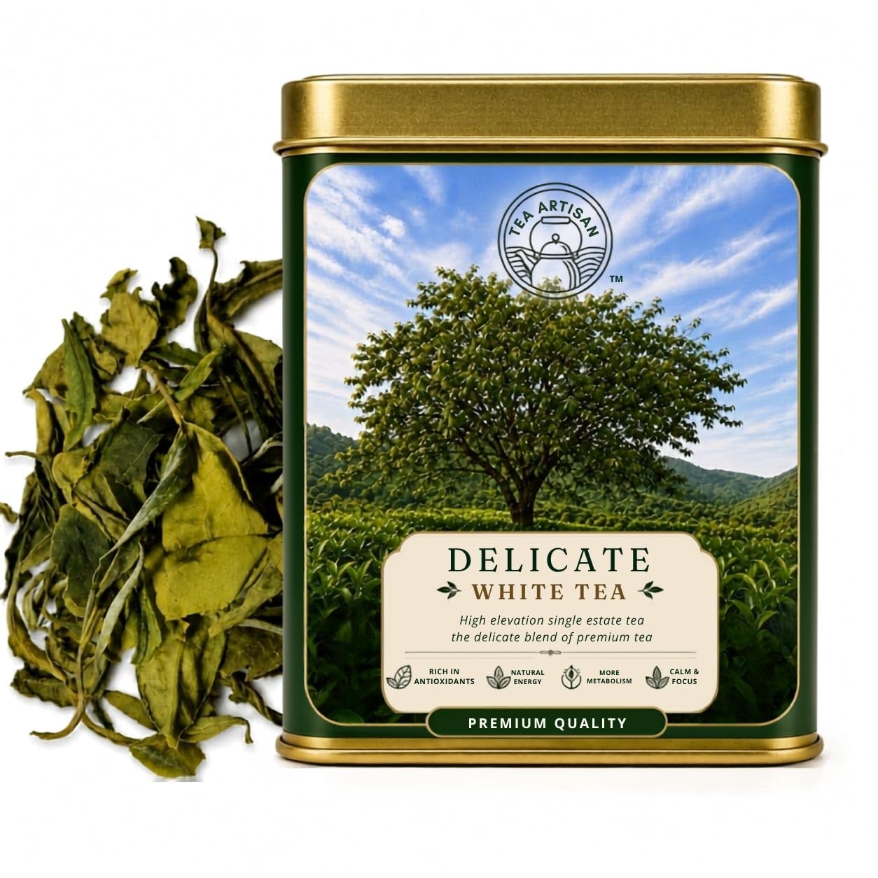 Delicate White Tea tin with loose tea leaves