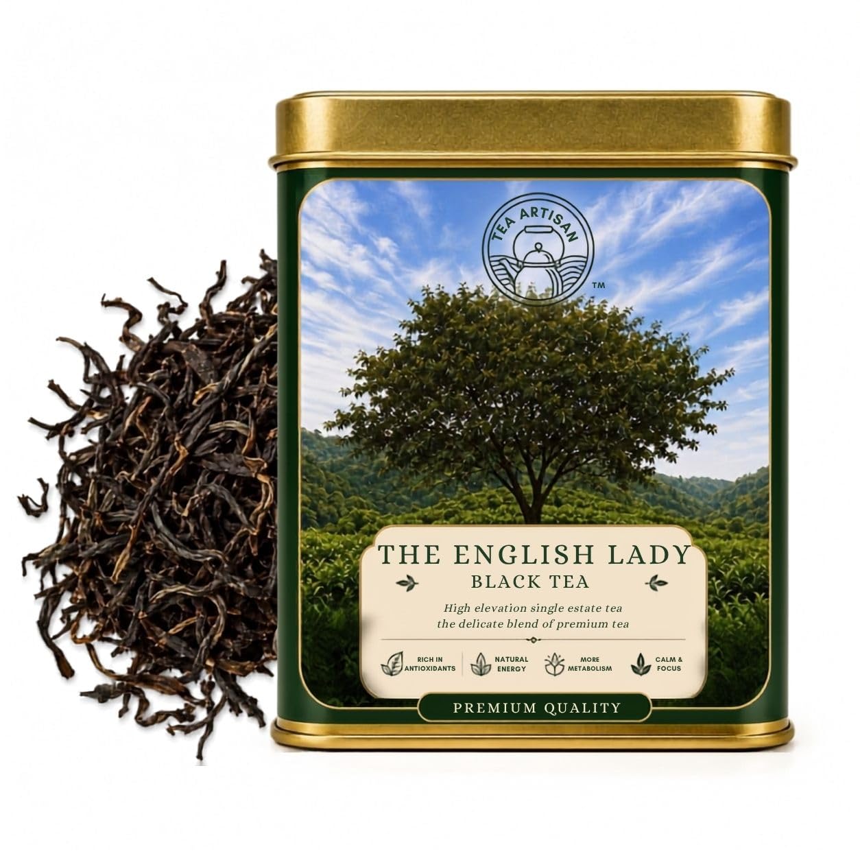 The English Lady black tea tin with loose-leaf tea