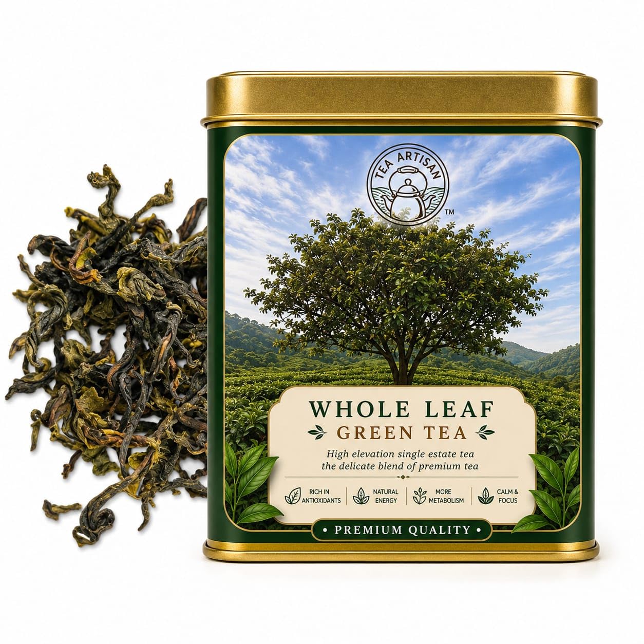 Whole Leaf Green Tea tin with loose tea leaves