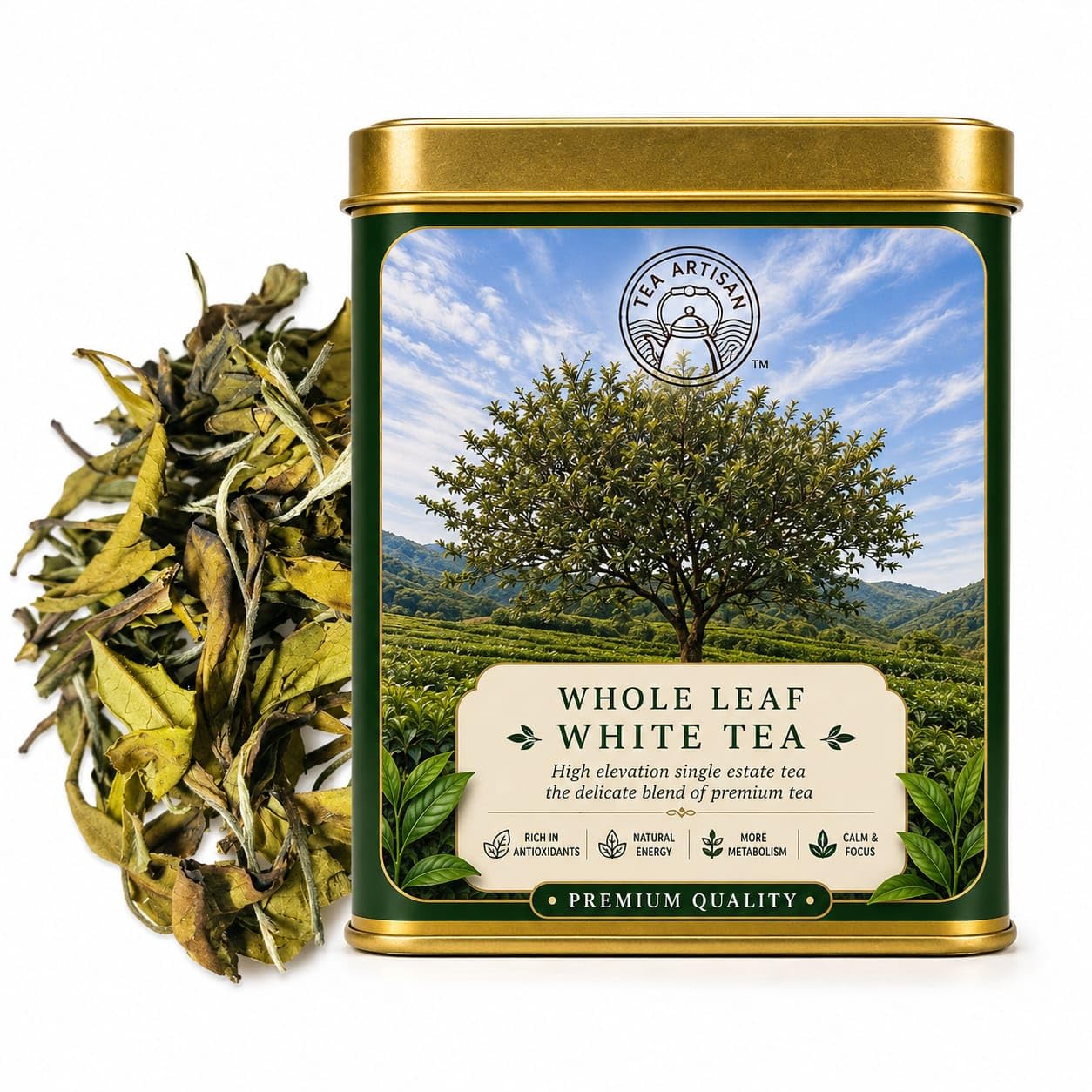 Whole Leaf White Tea tin with loose tea leaves